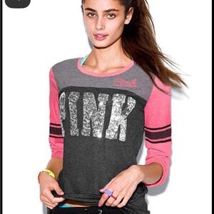 PINK Y2K Victoria's Secret Gray and Pink bling‎ baseball Sleeve Tee S